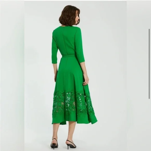 NWOT Mac Duggal Green Crepe Boat Neck Midi Dress With Applique Cut Out Size L - Picture 3 of 13